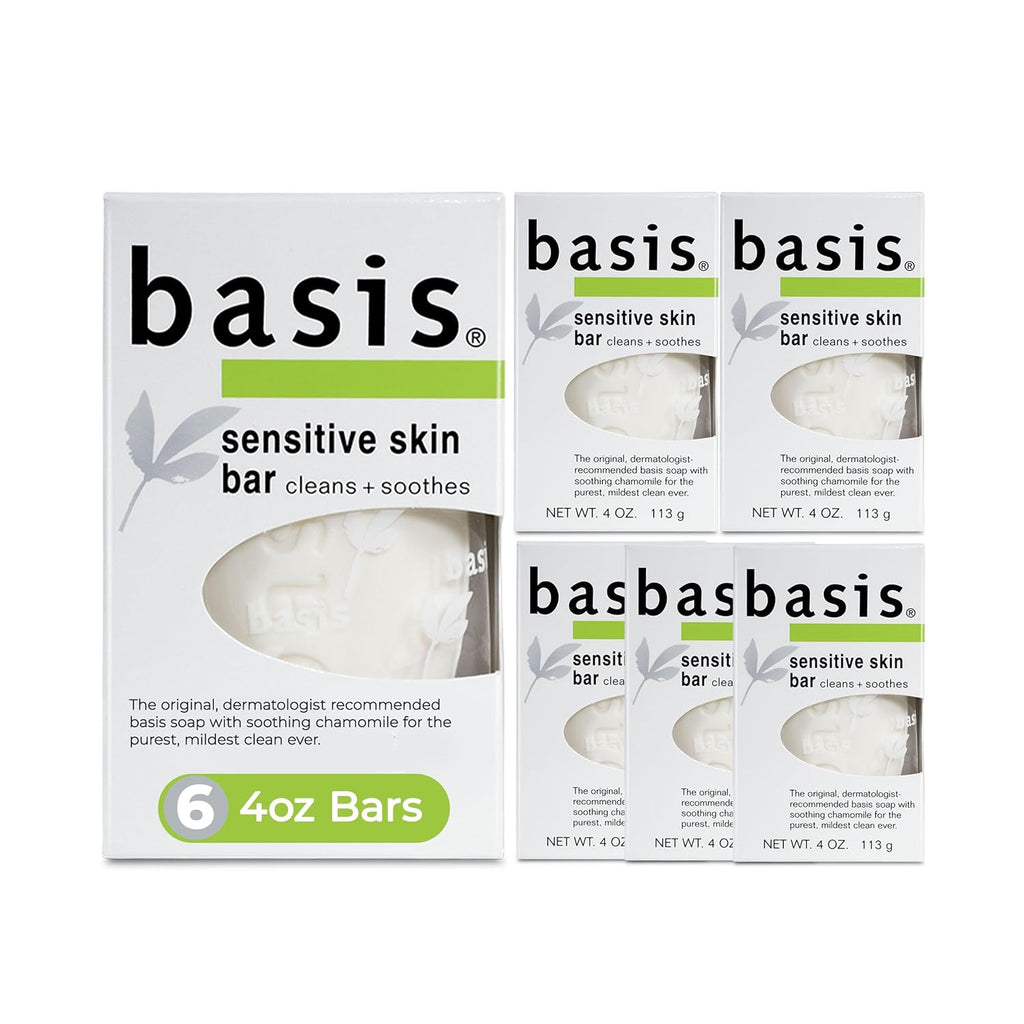 Basis Sensitive Skin Bar Soap for Body, Hands and Face, Unscented Soap Bar for Sensitive Skin with Chamomile and Aloe Vera, Bar Soap Bulk Pack, 4 Oz Bar, Pack of 6