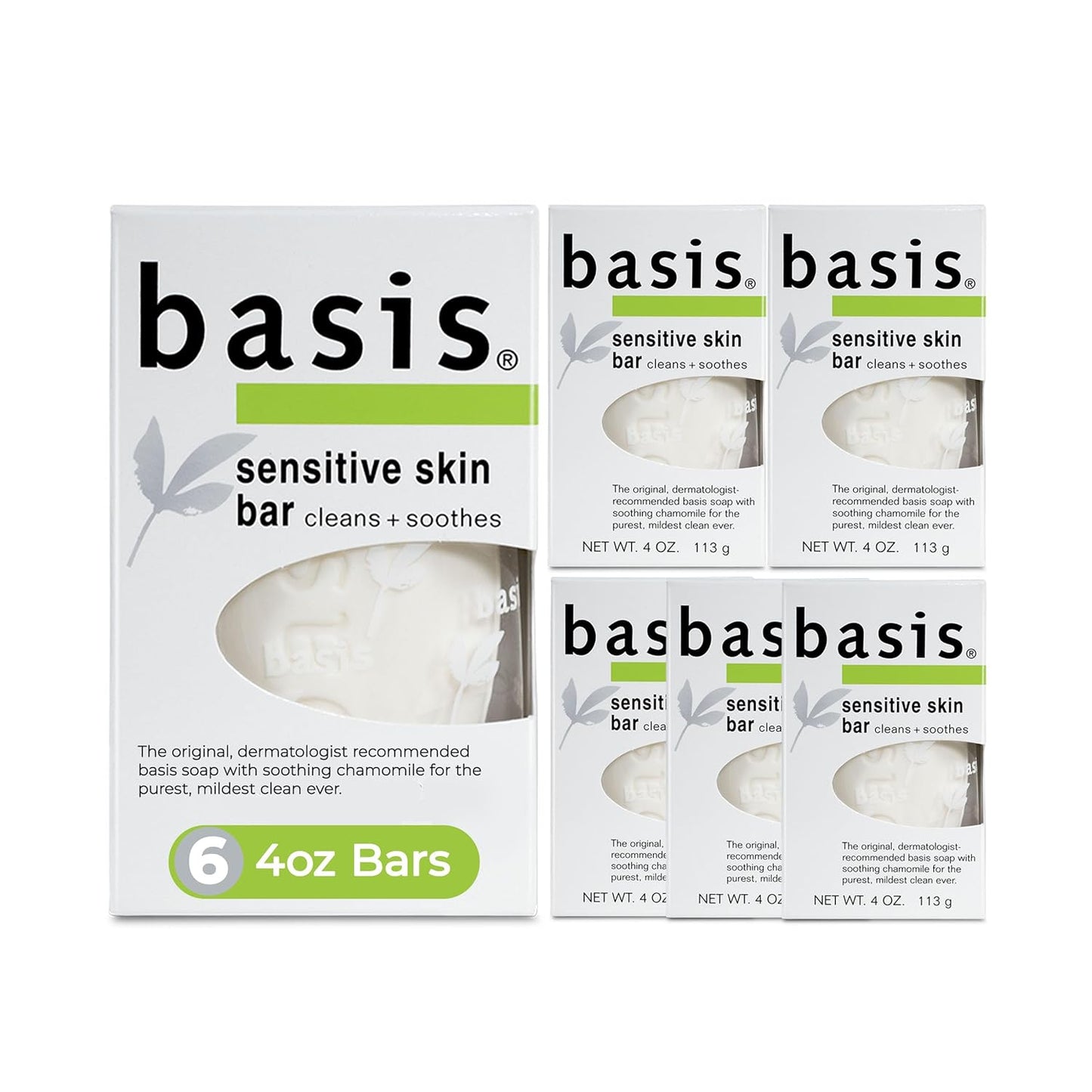 Basis Sensitive Skin Bar Soap for Body, Hands and Face, Unscented Soap Bar for Sensitive Skin with Chamomile and Aloe Vera, Bar Soap Bulk Pack, 4 Oz Bar, Pack of 6