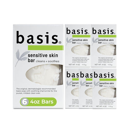 Basis Sensitive Skin Bar Soap for Body, Hands and Face, Unscented Soap Bar for Sensitive Skin with Chamomile and Aloe Vera, Bar Soap Bulk Pack, 4 Oz Bar, Pack of 6