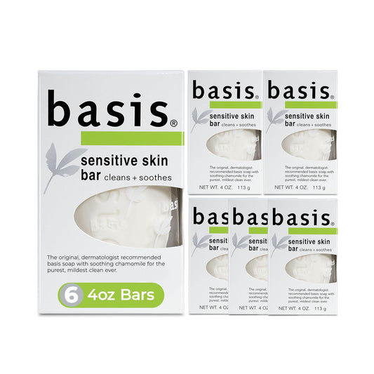 Basis Sensitive Skin Bar Soap for Body, Hands and Face, Unscented Soap Bar for Sensitive Skin with Chamomile and Aloe Vera, Bar Soap Bulk Pack, 4 Oz Bar, Pack of 6