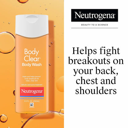 Neutrogena Body Clear Acne Body Wash, 2% Salicylic Acid Acne Medication, Oil-Free & Glycerin for Breakouts on Back, Chest & Shoulders, Non-Comedogenic, Gentle on Skin, Unscented, 8.5 Fl Oz, 3 Pack