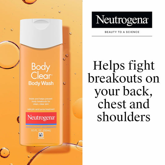 Neutrogena Body Clear Acne Body Wash, 2% Salicylic Acid Acne Medication, Oil-Free & Glycerin for Breakouts on Back, Chest & Shoulders, Non-Comedogenic, Gentle on Skin, Unscented, 8.5 Fl Oz, 3 Pack