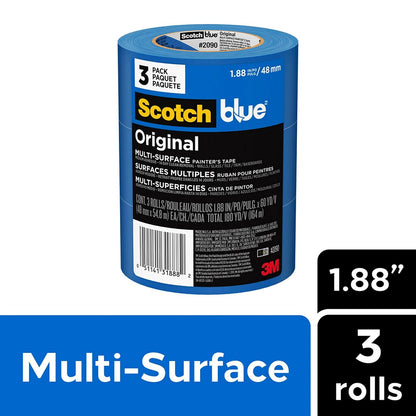 ScotchBlue Original Multi-Surface Painters Tape, 2 Inch Wide (1.88 in. x 60 Yds), 3 Rolls, Blue Paint Tape Protects and Removes Easily, Masking Tape for Indoor and Outdoor Use (2090-48EP3)
