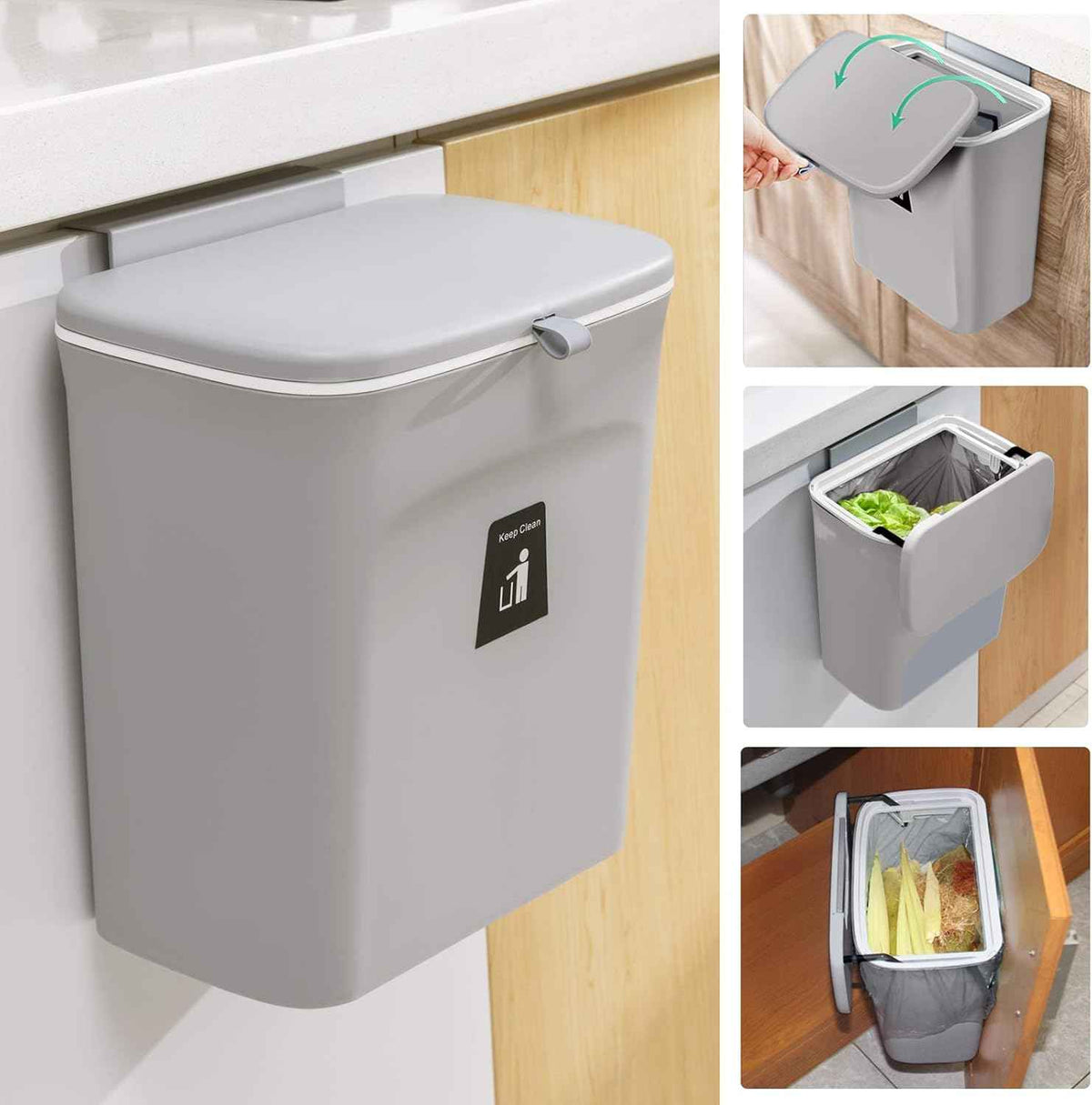 Tiyafuro 2.4 Gallon Hanging Kitchen Compost Bin with Lid for Counter or Under Sink, Odor-Free Indoor Compost Bucket