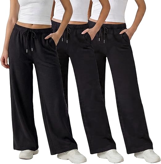 Common Stitch 3 Pack Wide Leg Fleece Lounge Sweatpants for Women Deep Pockets, Relaxed Fit, Elastic Drawstring Waist