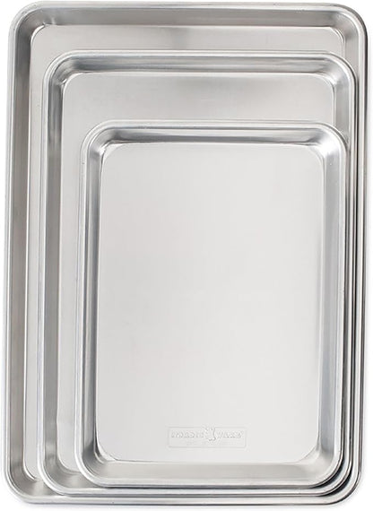 Nordic Ware Naturals 3 Piece Set - USA Made Aluminum Commercial Quality Sheet Pan for Baking or Roasting, Encapsulated Galvanized Steel Rim Prevents Warping; Half Sheet, Jelly Roll and Quarter Sheet
