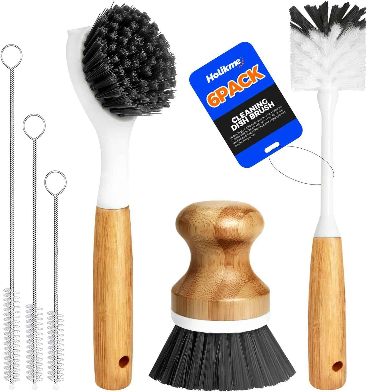 Holikme 6 Pack Dish Brush Kitchen Brushes Set with Vegetable Palm Brush, Bottle Brush, Dish Brush and Straw Brush, Fruit Cleaning Brushes for Cleaning Potato Skillet Wok Pot Pan Cast Iron, Yellow