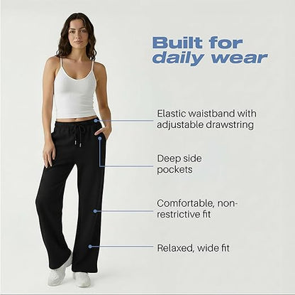 Common Stitch 3 Pack Wide Leg Fleece Lounge Sweatpants for Women Deep Pockets, Relaxed Fit, Elastic Drawstring Waist