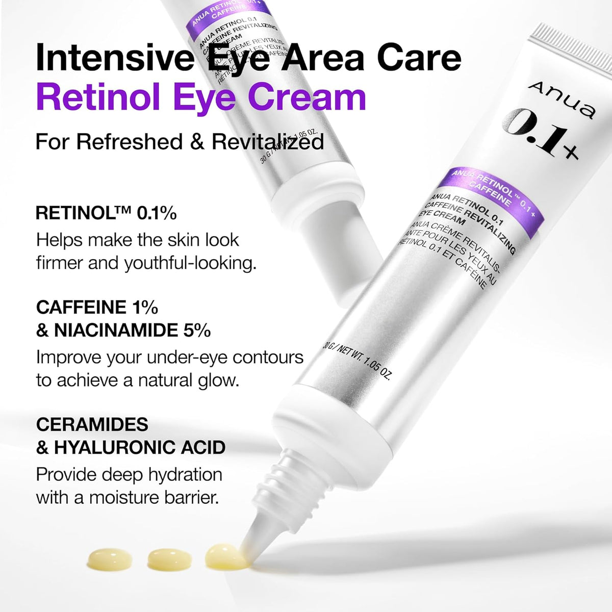 Anua Retinol 0.1 Caffeine Revitalizing Eye Cream, Lightweight Formula for Dark Circles & Puffiness, Hydrating for Sensitive Skin, Korean Skincare,1.05 fl oz