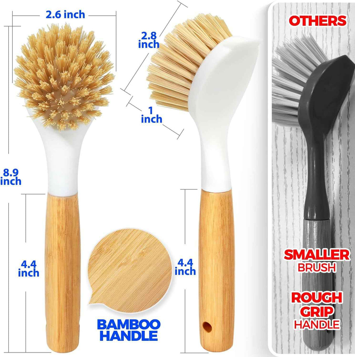 Holikme 3 Pack Dish Brush Set with Bamboo Handle, Kitchen Brushes for Cleaning Pot, Sink and Stove