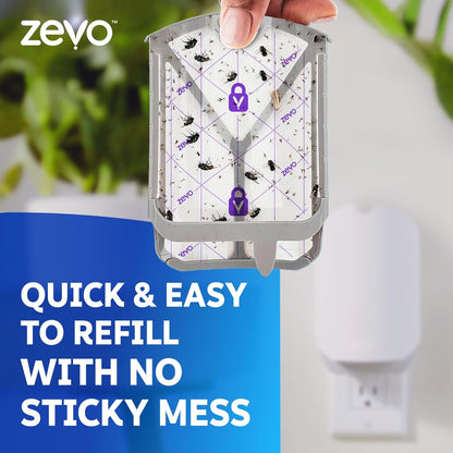 Zevo Flying Insect Trap & 3 Refill Cartridges - Plug in Fly Trap & Indoor Bug Catcher for Gnats, House & Fruit Flies - Blue & UV Light Technology, Mess-Free Alternative to Bug Zapper
