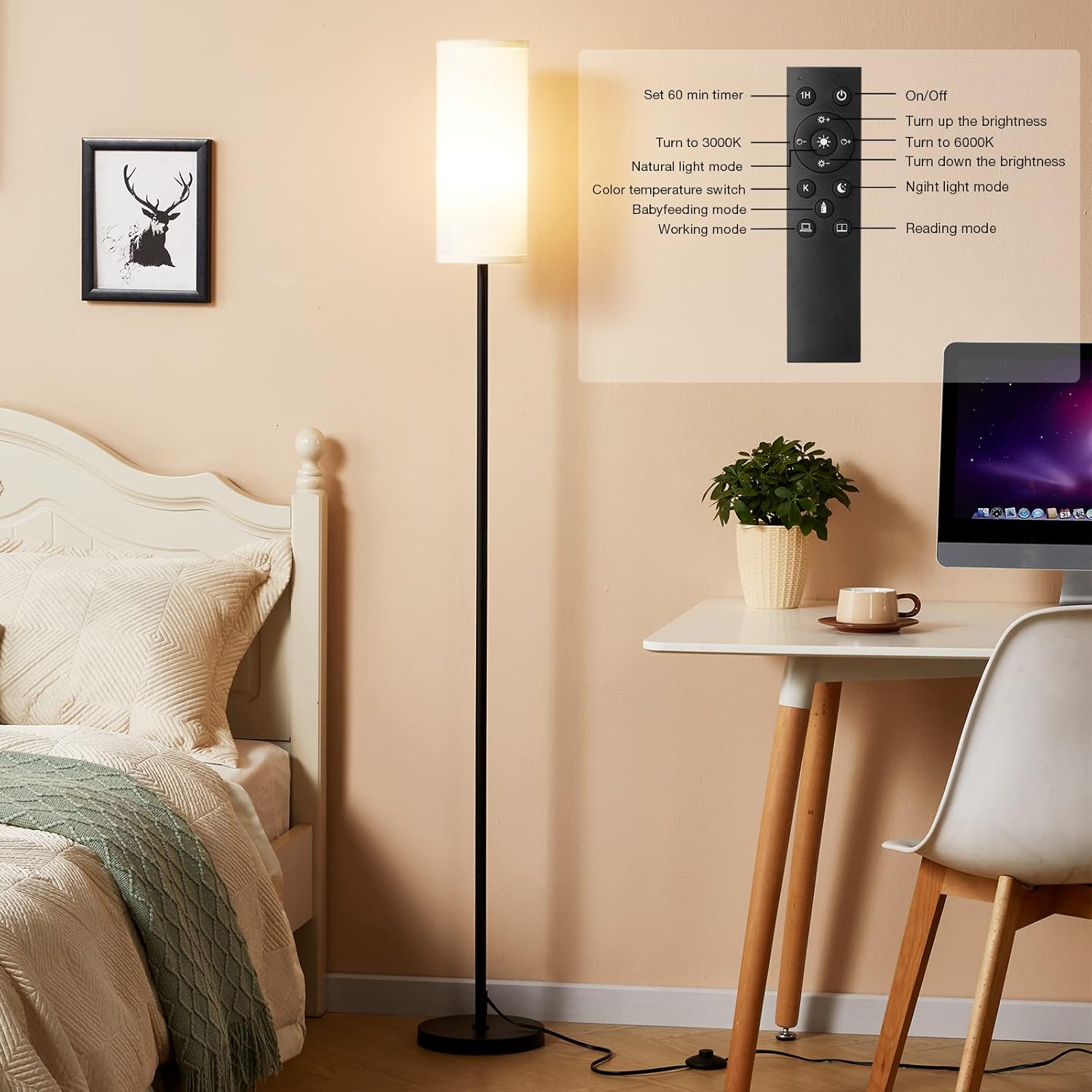 Ambimall Floor Lamps for Living Room, 64" Modern Floor Lamp with Remote Control and Stepless Dimmable Colors Temperature & Brightness, Standing Lamps for Living Room Bedroom Office, 9W Bulb Included