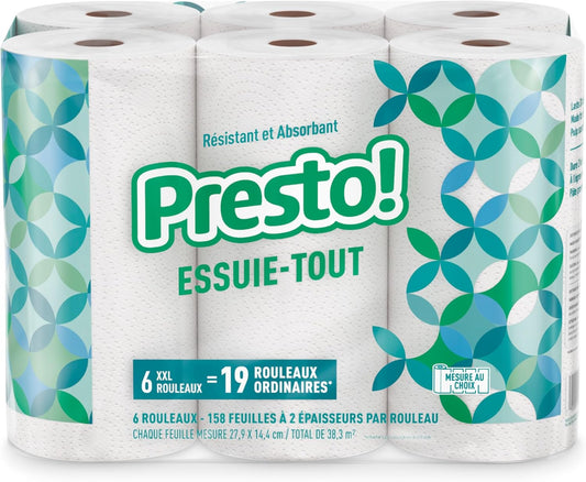 Amazon Brand - Presto! Ultra-Strong Premium Paper Towels, 158 Sheet Huge roll - Flex-a-Size, 6 Rolls, Equivalent to 19 Regular Rolls, White