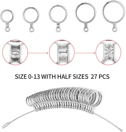 Bflaae Ring Sizer Measuring Tool Kit, 27 PCS Stainless Steel Measuring Ring Tool, US Ring Size 0-13 with Half Size, 2 PCS Reusable Finger Size Tape with Magnified Glass 1-17 USA Rings Size
