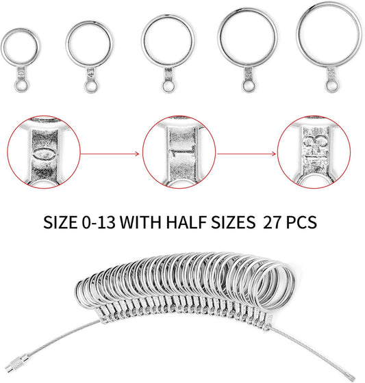Bflaae Ring Sizer Measuring Tool Kit, 27 PCS Stainless Steel Measuring Ring Tool, US Ring Size 0-13 with Half Size, 2 PCS Reusable Finger Size Tape with Magnified Glass 1-17 USA Rings Size
