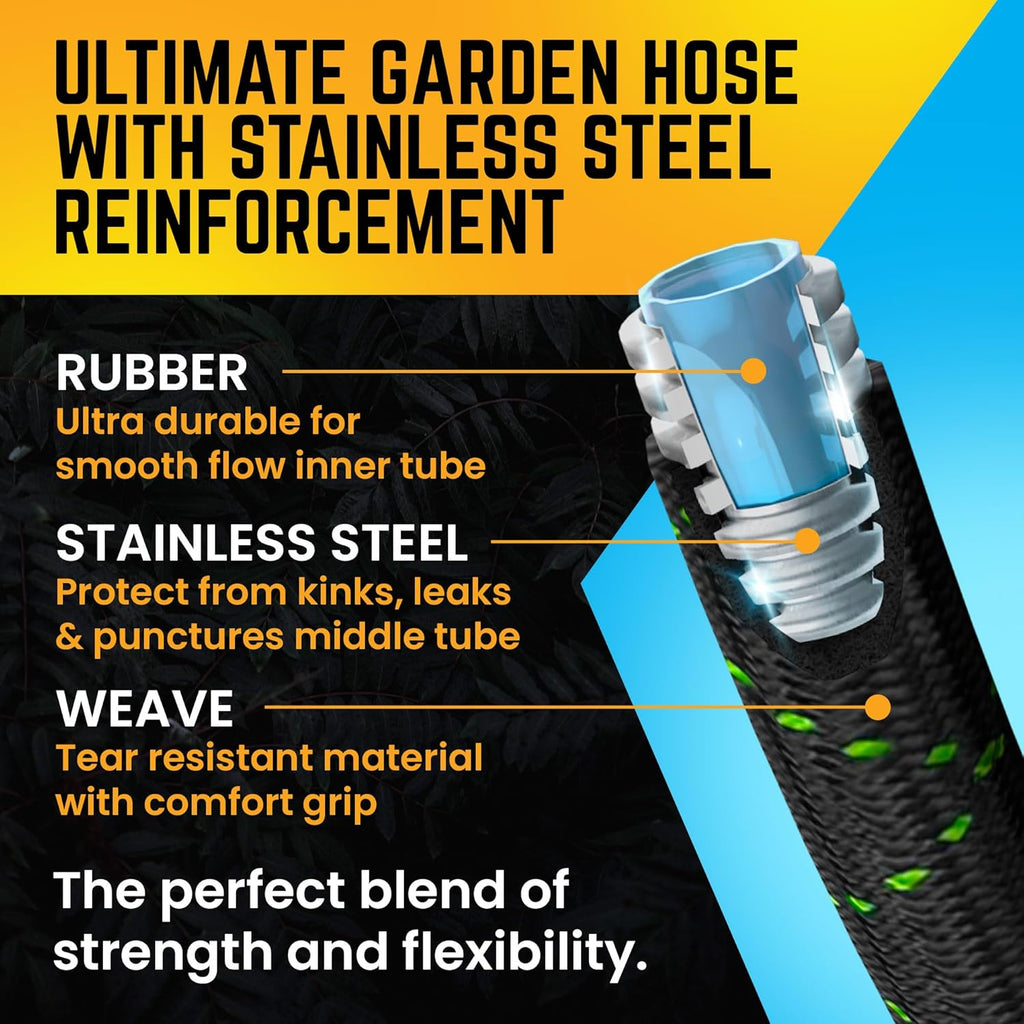 PowerFlow Garden Hose, NON-EXPANDABLE 25 Feet Premium Quality Stainless Steel Metal Water Hose with Durable Fabric Skin, Hose For Commercial, Residential Use, Bonus 10-way Spray Nozzle (25 Ft, Black)