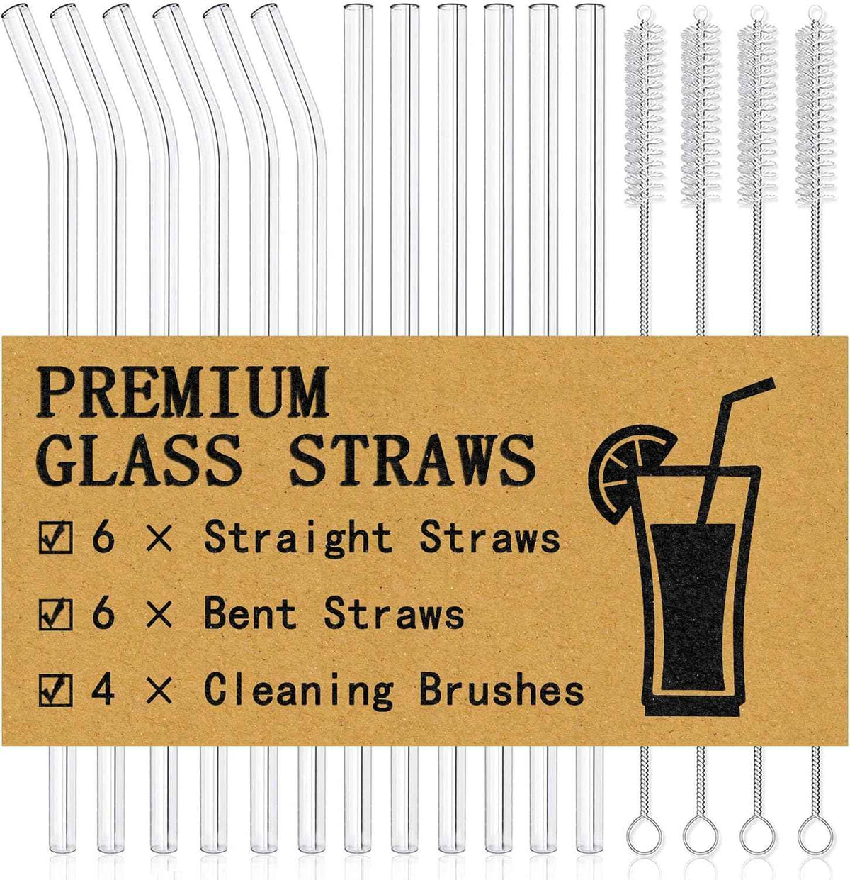 Piteno 16-Pack Reusable Clear Glass Straws Set with 4 Brushes, 8.5''x10MM, Straight and Bent for Smoothies, Juice, Tea