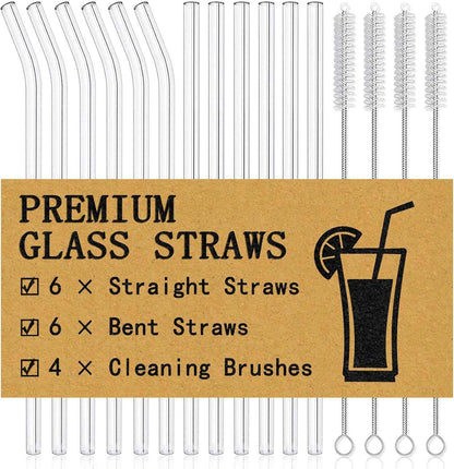 Piteno 16-Pack Reusable Clear Glass Straws Set with 4 Brushes, 8.5''x10MM, Straight and Bent for Smoothies, Juice, Tea