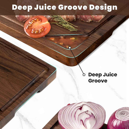 Heimlove walnut wood cutting board, natural, reversible, 24x18 inches, deep juice grooves, handles