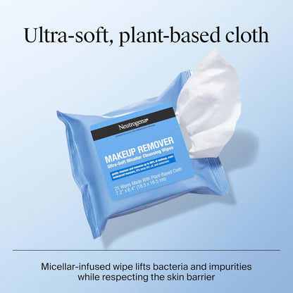 Neutrogena Makeup Remover Wipes Micellar Alcohol-Free Face Towelettes Remove Waterproof Mascara & Oil, Compostable 100% Plant-Based Cloth, Dermatologist & Ophthalmologist Tested, Twin Pack 2 x 25 ct