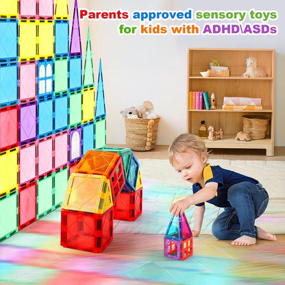 100PCS Magnetic Tiles Kids Toys - Magnetic Building Blocks STEM Magnet Building Set Preschool Learning Magnet Toys for Kids Ages 3-5 4-8, Sensory Montessori Toy for Toddlers 3+ Year Old Boys Girls