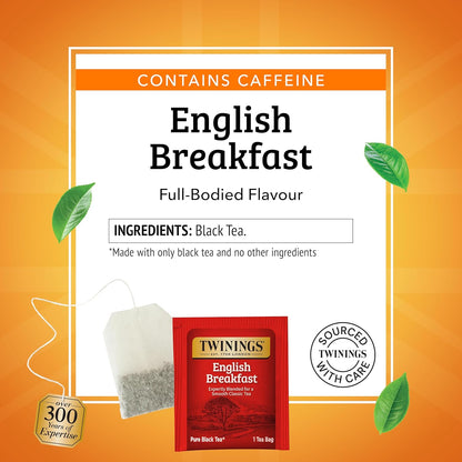 Twinings English Breakfast Black Tea Individually Wrapped Bags, 100 Count (Pack of 1), Smooth, Flavourful, and Robust, Caffeinated, Enjoy Hot or Iced, 100 Teabags
