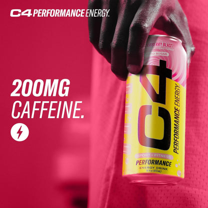 C4 Performance Energy Drink | Strawberry Blast | Zero Sugar Carbonated Preworkout Energy | 200mg Caffeine with Beta Alanine | 16 Fl Oz (12 Pack)