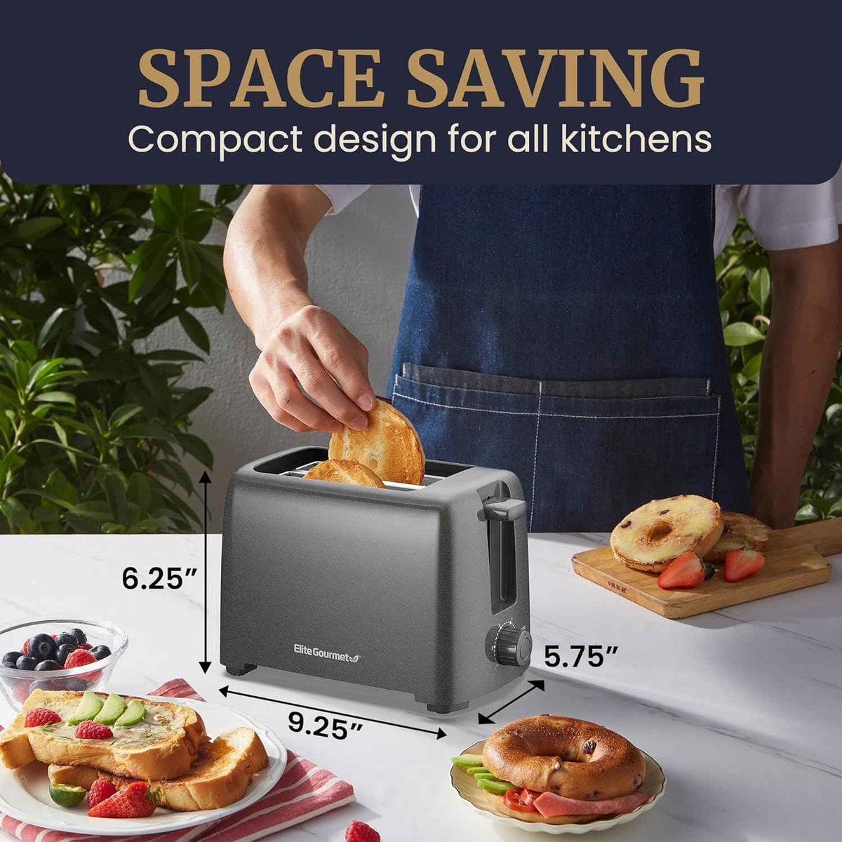 Elite Gourmet 2-Slice Cool-Touch Toaster with 6 Toast Settings, Cancel Function, and Extra-Wide Slots for Bagels, Waffles, and Muffins