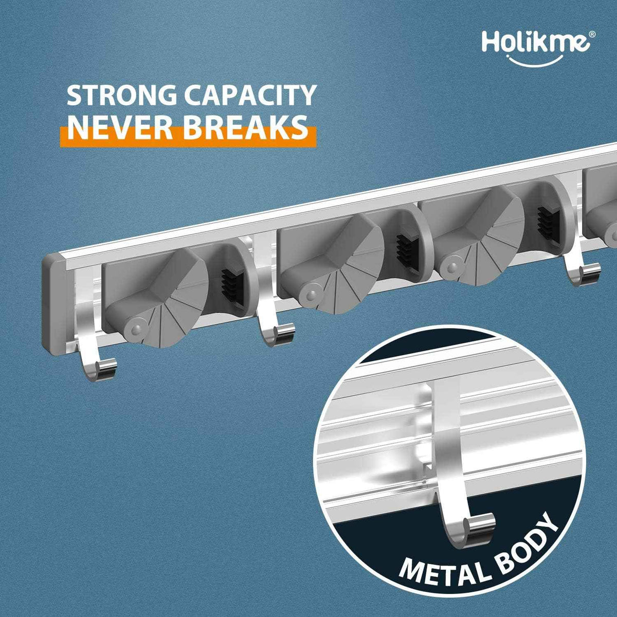Holikme Metal Mop Broom Holder with 4 Hooks for Home and Kitchen Organization Storage