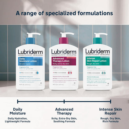 Lubriderm Fragrance Free Daily Moisture Lotion + Pro-Ceramide, Shea Butter & Glycerin, Face, Hand & Body Lotion for Sensitive Skin, Hydrating Lotion for Healthier-Looking Skin, 24 fl. oz