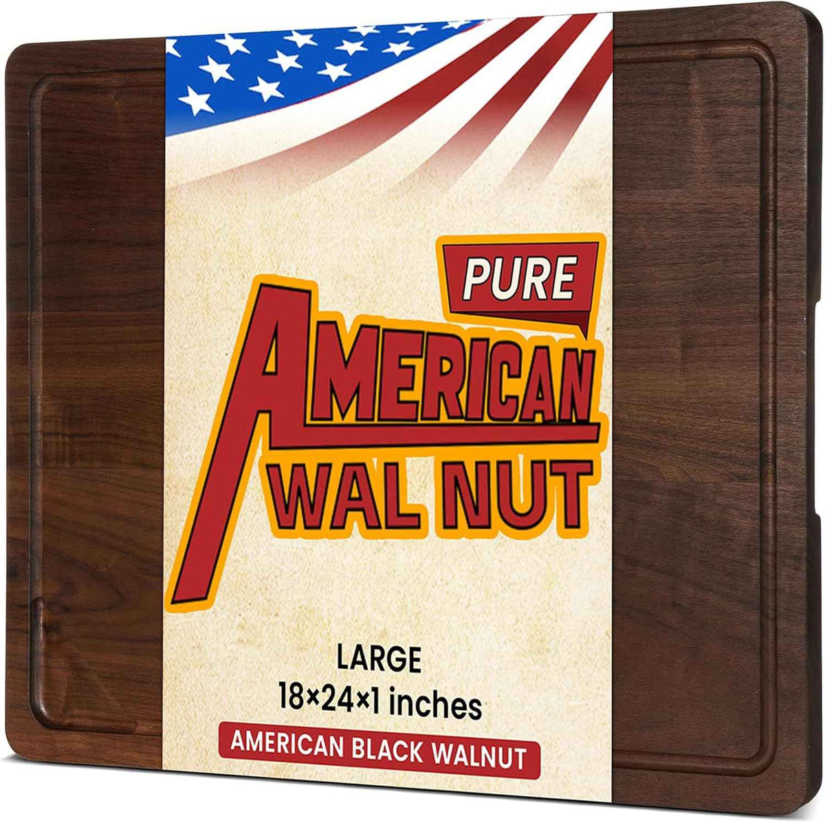 Heimlove walnut wood cutting board, natural, reversible, 24x18 inches, deep juice grooves, handles