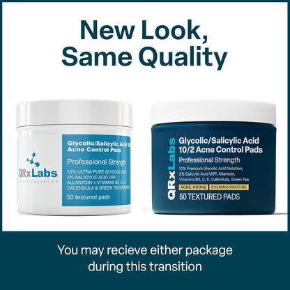 qrxlabs salicylic & glycolic acid pads 2% salicylic & 10% glycolic acne pads for face & bacne with vitamins b5, c, e, calendula, and green tea - 50 count
