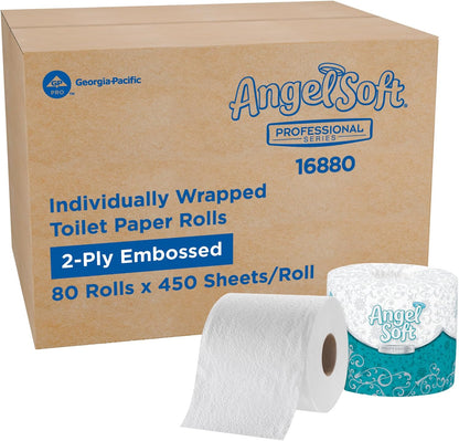 Angel Soft Professional Series by Georgia-Pacific PRO 2-Ply Embossed Toilet Paper, White, Individually Wrapped, 450 Sheets Per Roll, 80 Toilet Tissue Rolls Per Case, 16880