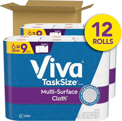 Viva Multi-Surface Cloth Paper Towels, Task Size, 12 Super Rolls (2 Packs of 6), 81 Sheets Per Roll