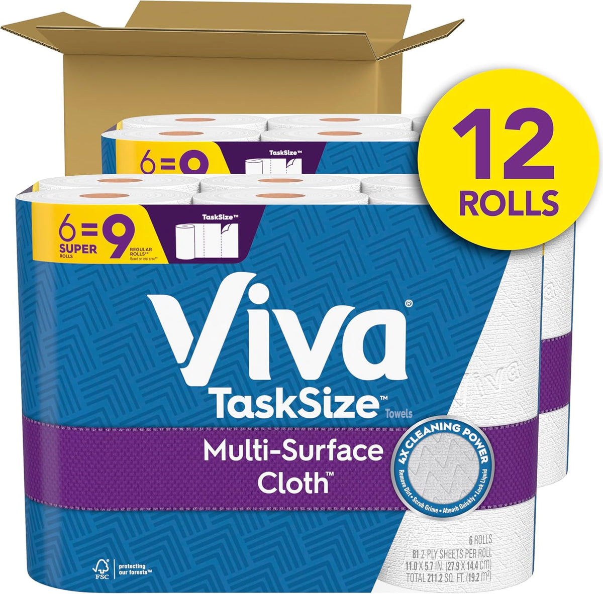 Viva Multi-Surface Cloth Paper Towels, Task Size, 2 Packs of 6, 81 Sheets Per Roll