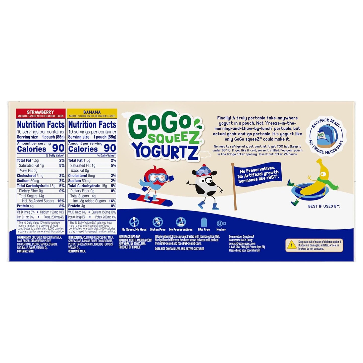 GoGo squeeZ yogurtZ Variety Pack, Strawberry & Banana, 3 oz (Pack of 20), Kids Snacks Made from Real Yogurt and Fruit, No Fridge Needed, Gluten Free, Nut Free, Recloseable Cap, BPA Free Pouches