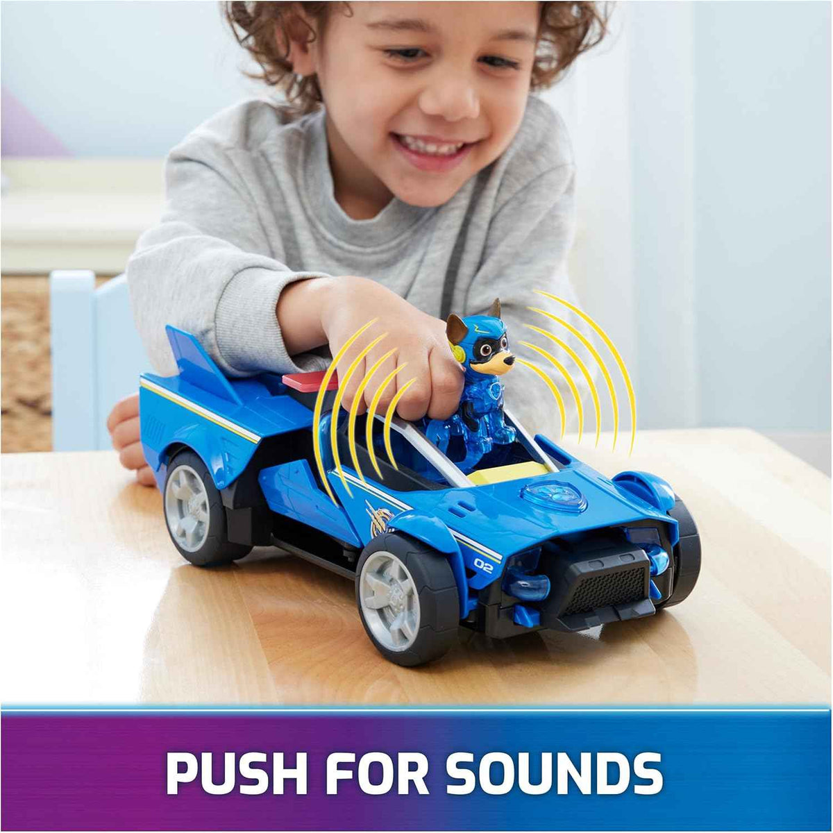 paw patrol mighty movie chase cruiser with mighty pups action figure, lights and sounds for kids 3+