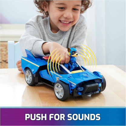 paw patrol mighty movie chase cruiser with mighty pups action figure, lights and sounds for kids 3+
