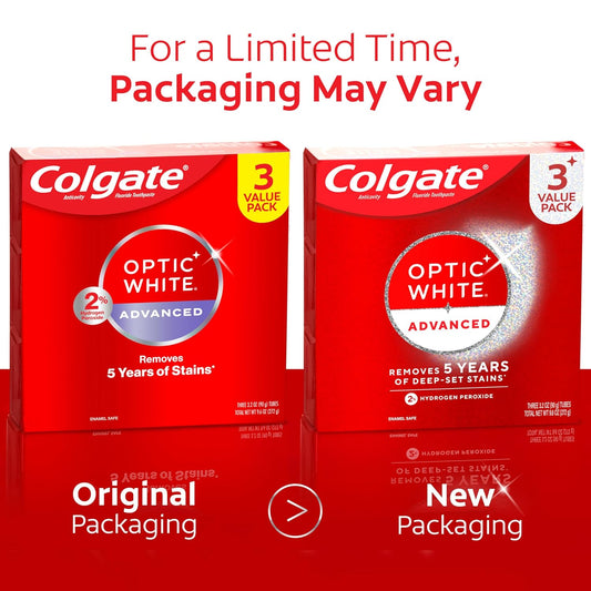Colgate Optic White Advanced Hydrogen Peroxide Toothpaste, Teeth Whitening Toothpaste Pack, Enamel-Safe Formula, Helps Remove Tea, Coffee, and Wine Stains, Sparkling White, 3 Pack, 3.2 oz