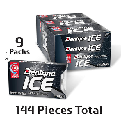dentyne ice arctic chill sugar free gum, 9 packs of 16 pieces each, 144 total pieces