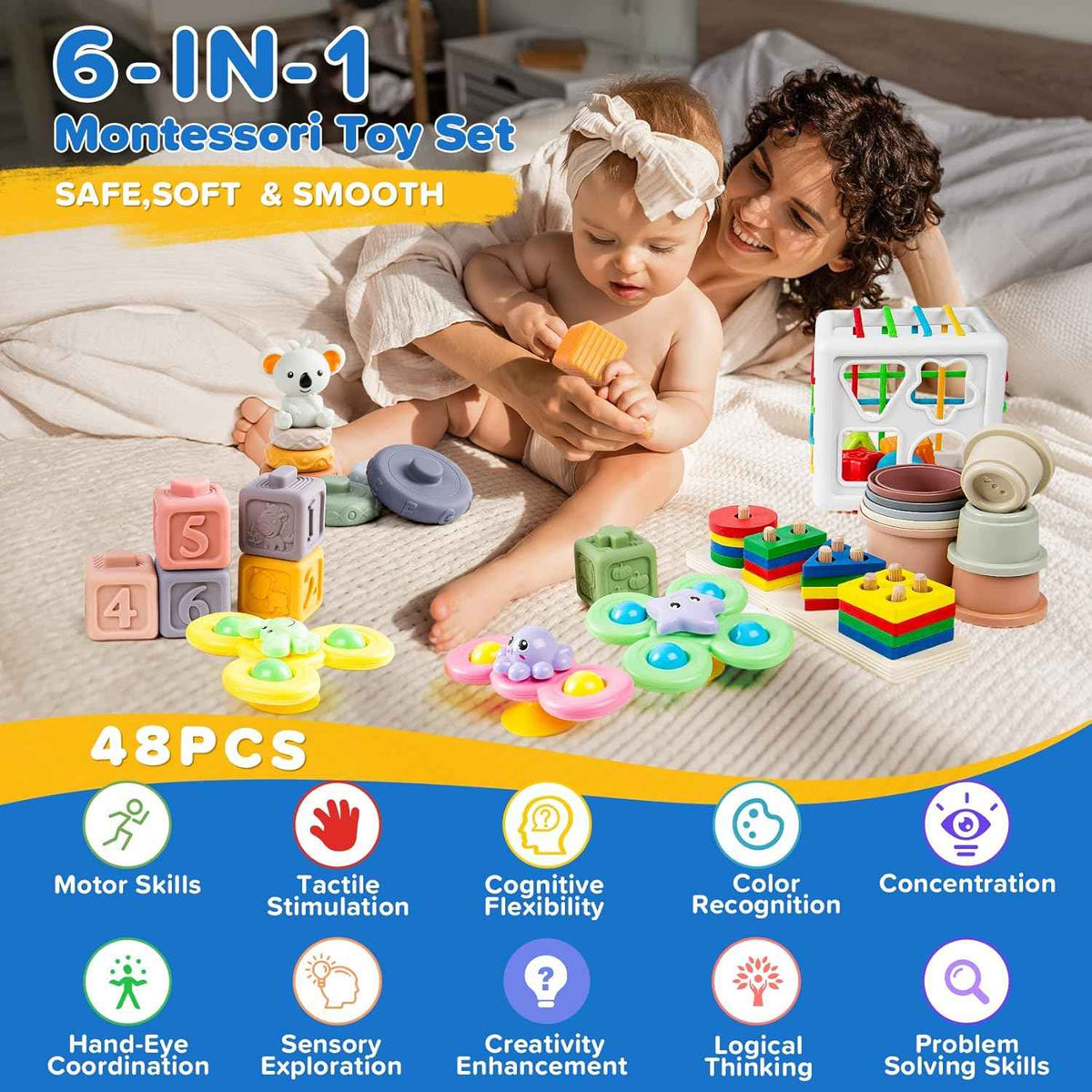 montessori toys for babies 6-12 months, 6-in-1 baby toys, stacking blocks, sensory learning gift