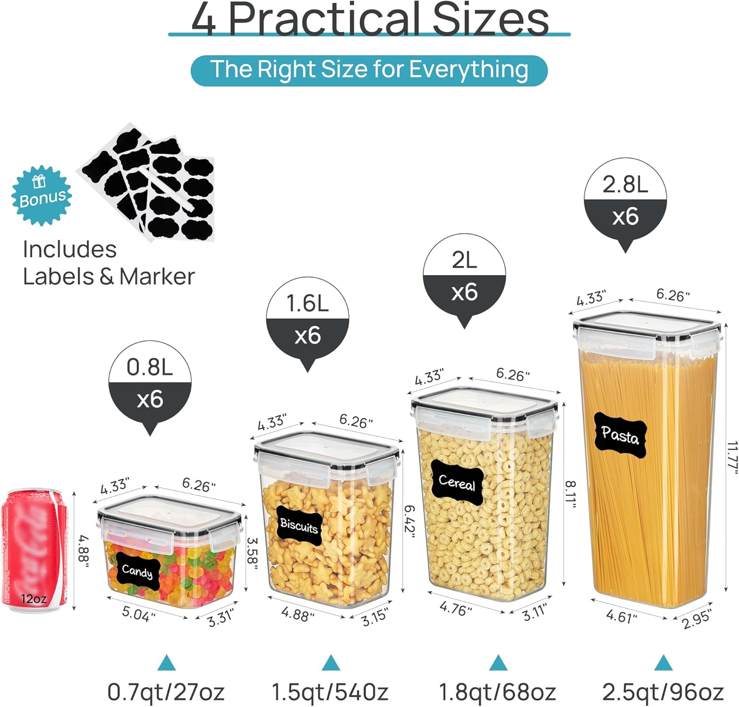 Airtight Food Storage Containers with Lids, Vtopmart 24 pcs Plastic Kitchen and Pantry Organization Canisters for Cereal, Dry Food, Flour and