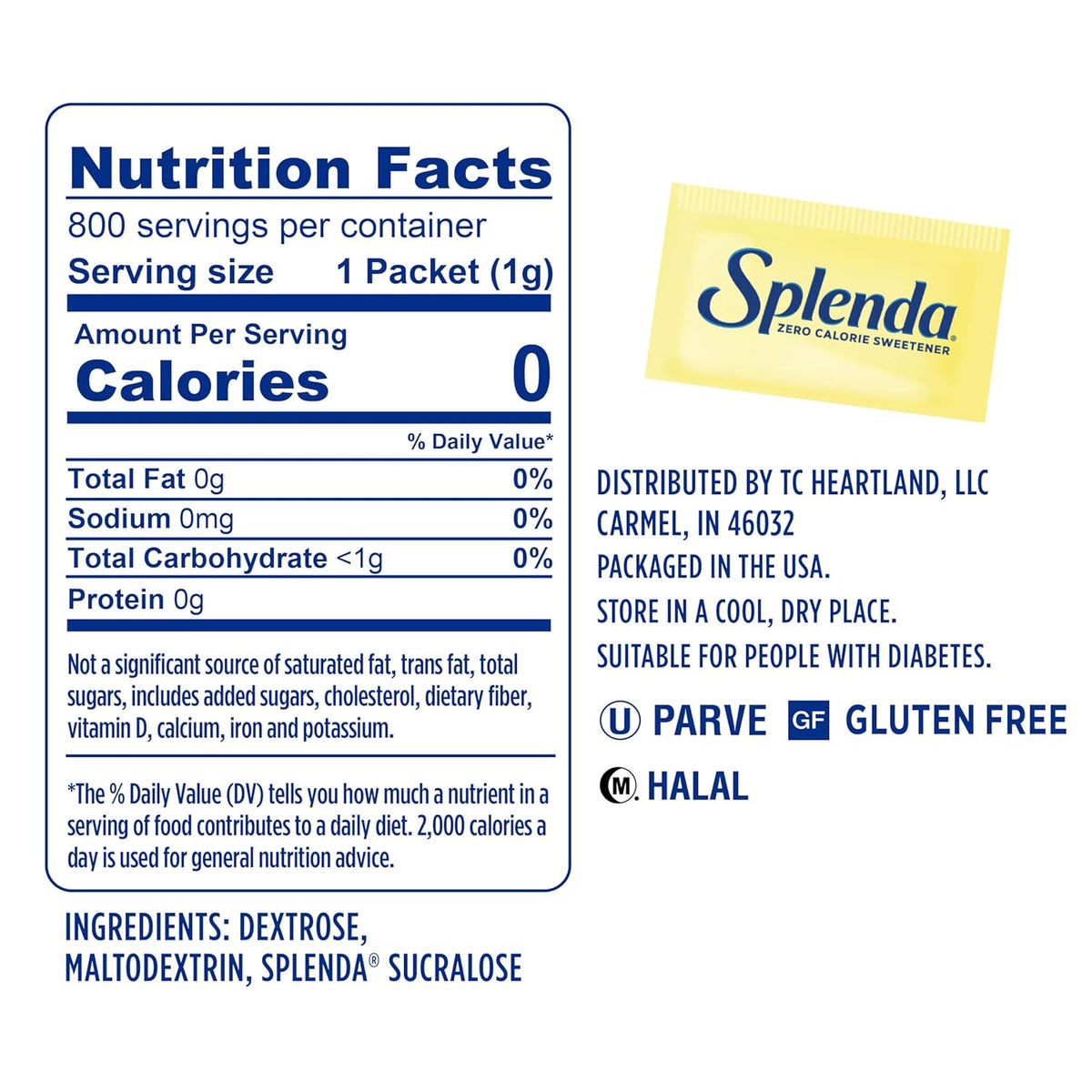 splenda zero calorie sweetener packets, 800 count packets, made in usa, sugar-free, zero carb