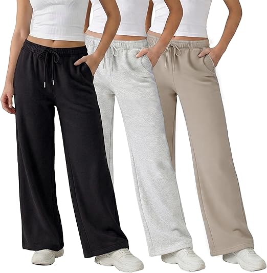 Common Stitch 3 Pack Wide Leg Fleece Lounge Sweatpants for Women Deep Pockets, Relaxed Fit, Elastic Drawstring Waist