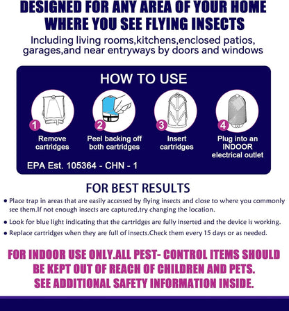 Flying Insect Trap for Indoor Use (2 Staters & 6 Refill Cartridges), UV Light Bug Catcher for Fruit Flies, Gnats & Small Flying Pests, Silent, No-Zap, Mess-Free