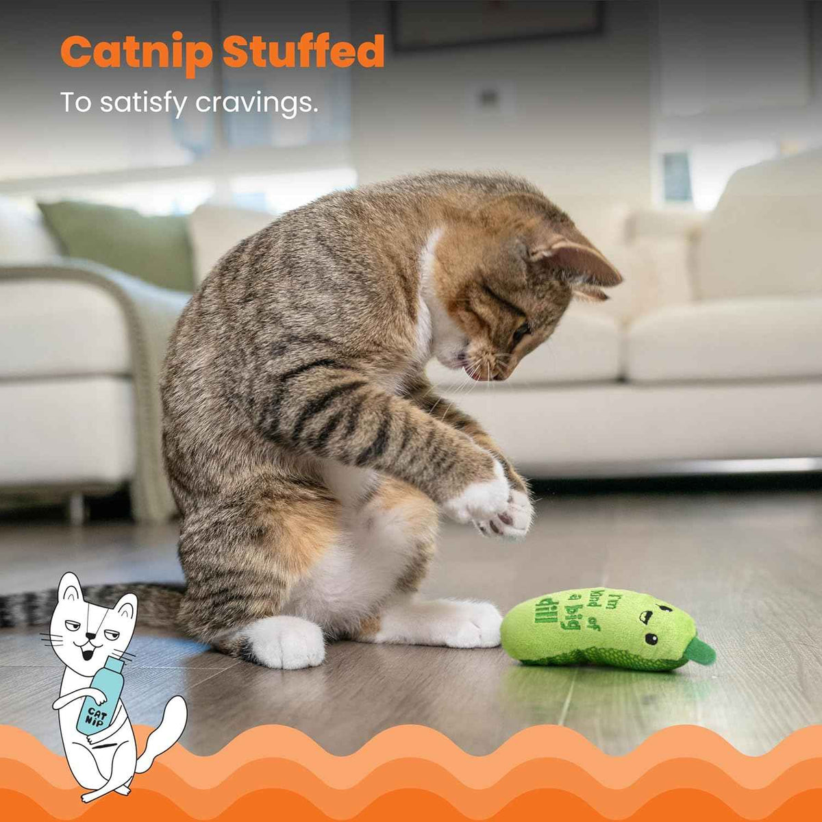 Catstages Crunchy Pickle Kicker Cat Toy 6.5 inches Plush Crinkle Catnip Dental Mesh Toy