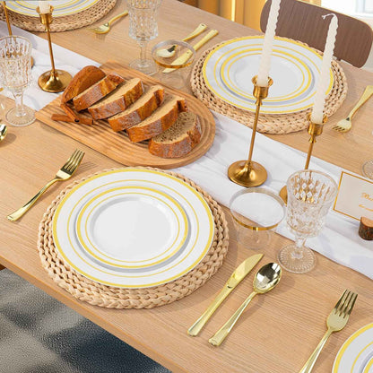 BestVIP 700PCS Gold Plastic Dinnerware Set for 100 Guests, BPA Free, Disposable Plates with Silverware, Cups, and Napkins