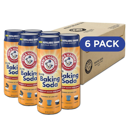 Arm & Hammer Pure Baking Soda Shaker, 12 Oz, Pack of 6, Free-Flowing Granules, Water-Resistant Container