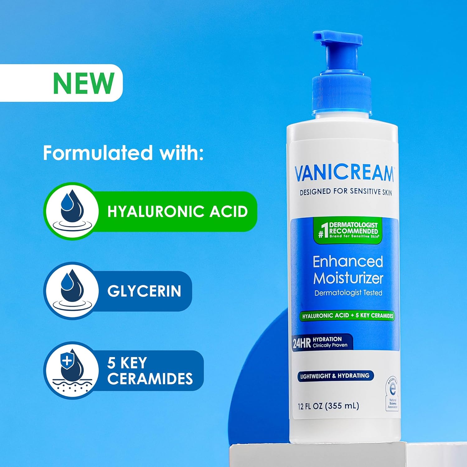 Vanicream Enhanced Moisturizer, 12 Fl Oz, Daily Body Lotion for Dry, Sensitive Skin, Clinically Tested 24Hr Hydration with Hyaluronic Acid, Glycerin & Ceramides, Formulated without Common Irritants