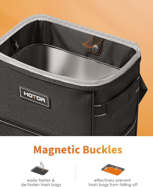 HOTOR Car Trash Can with Lid and Storage Pockets - 100% Leak-Proof Organizer, Waterproof Garbage Can, Multipurpose Trash Bin for Car, 2 Gallons, Black